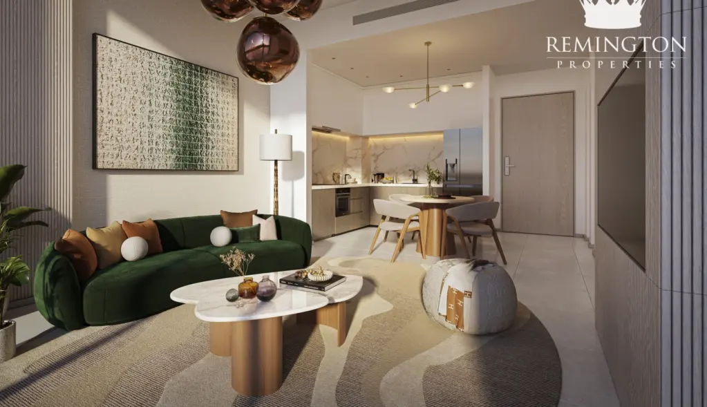 Living and dining area in a one-bedroom residence at Arancia Yards 2
