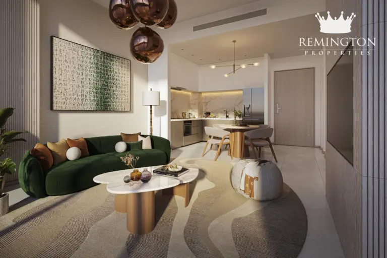 Living and dining area in a one-bedroom residence at Arancia Yards 2