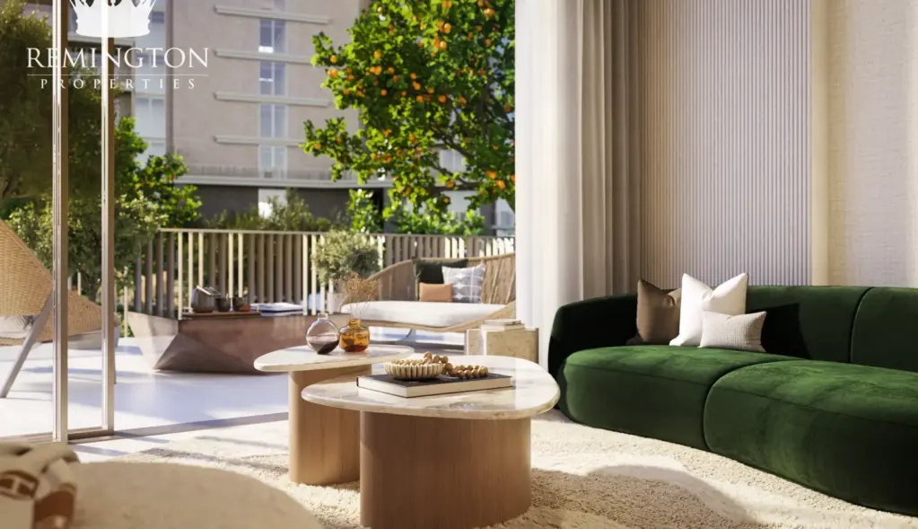 Illustrative living room and terrace overlooking orange trees at Arancia Yards 2