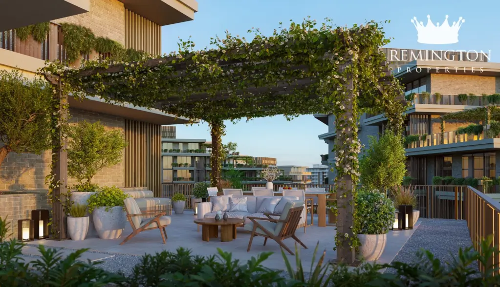 Rooftop terrace overlooking the landscaped community at Arancia Yards 2