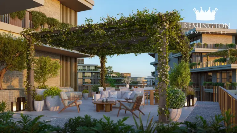 Rooftop terrace overlooking the landscaped community at Arancia Yards 2