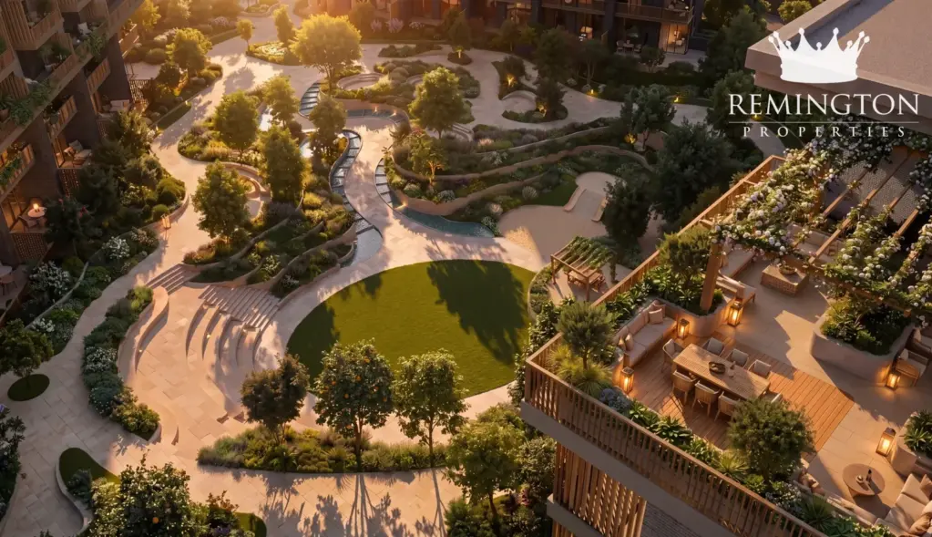 Aerial view of the landscaped sunken garden and outdoor terraces at Arancia Yards 2