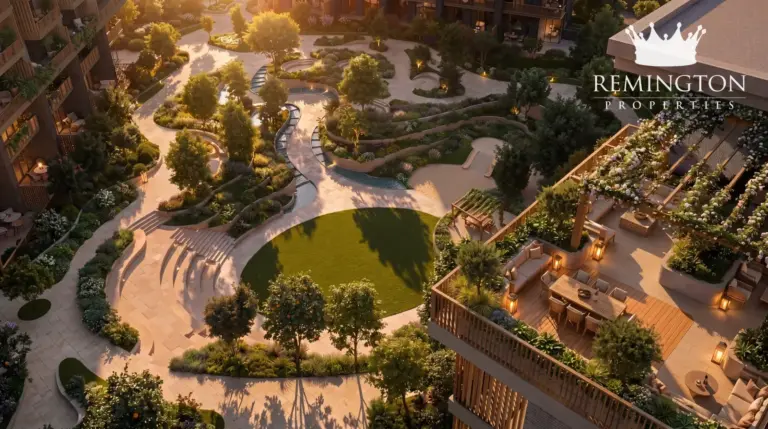 Aerial view of the landscaped sunken garden and outdoor terraces at Arancia Yards 2