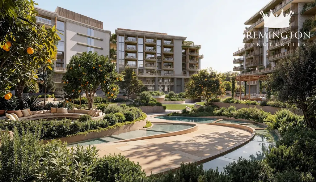 Garden courtyard with water features and orange trees at Arancia Yards 2