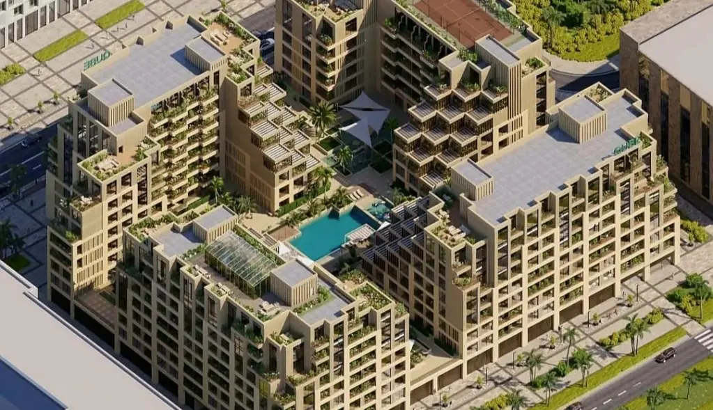 Aerial view of the four-building Arisha Terraces development