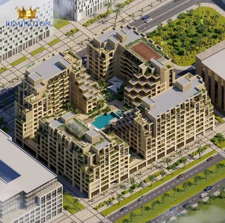 Aerial view of the four-building Arisha Terraces development