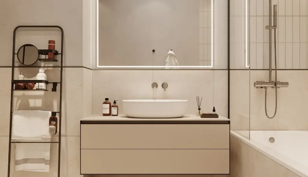 Apartment bathroom with fitted vanity and bathtub