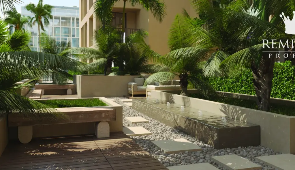 Landscaped courtyard outdoor lounge at Arisha Terraces