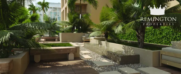 Landscaped courtyard outdoor lounge at Arisha Terraces