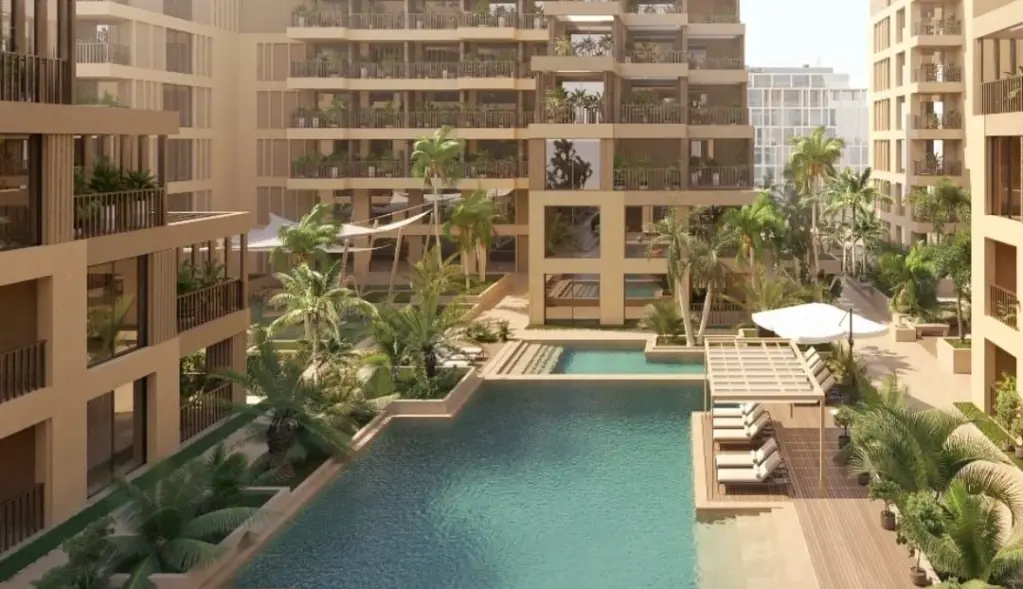 Daytime view across the central pool courtyard