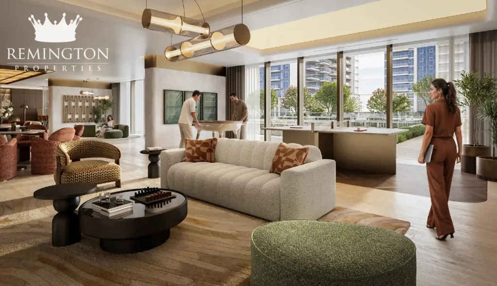 Coworking lounge with landscaped views
