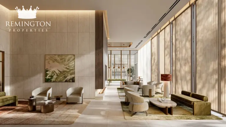 Double-height lobby lounge with park-inspired interiors