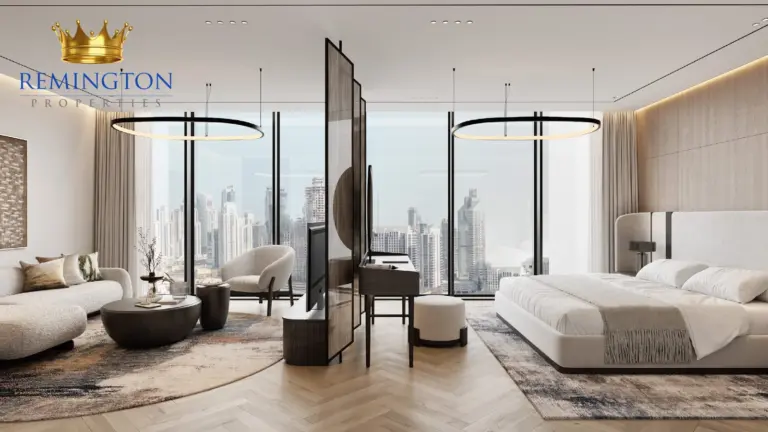 Duplex bedroom with Dubai skyline views