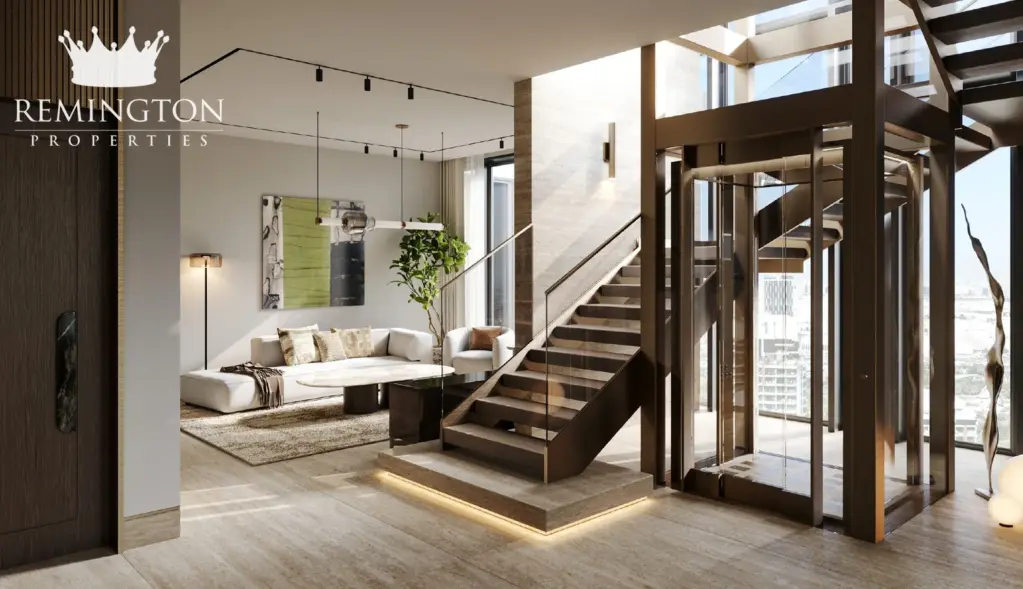 Duplex residence interior with private staircase