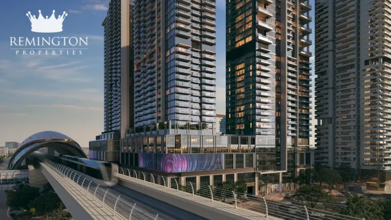 Avenue Park Towers 2 exterior beside the Dubai Metro