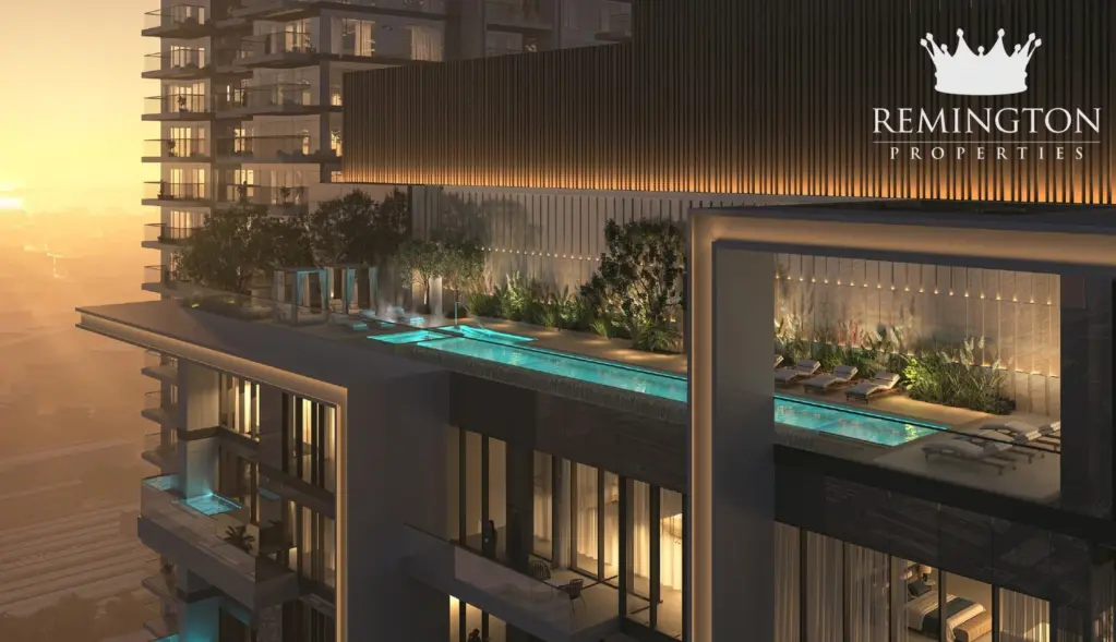 Tower B rooftop swimming pool at sunset
