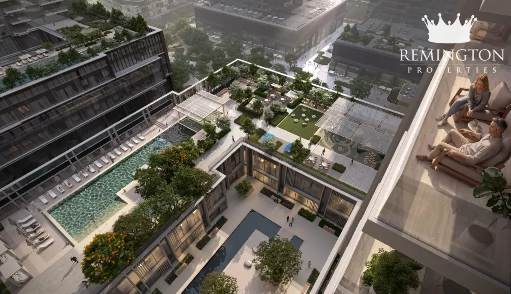 Aerial view of the shared pools and landscaped amenity deck