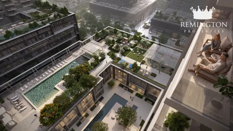 Aerial view of the shared pools and landscaped amenity deck