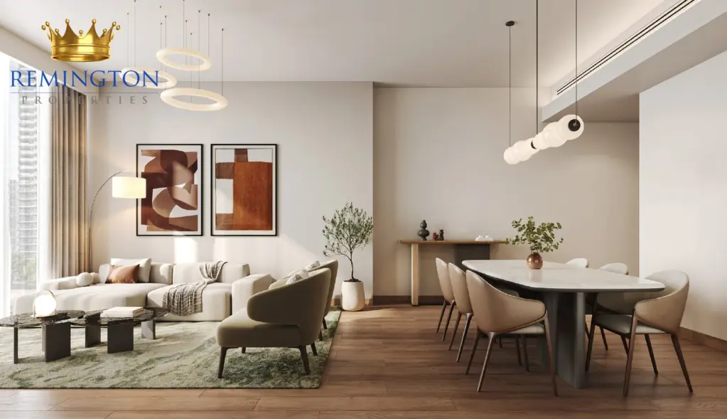 Open-plan living and dining room in a typical apartment