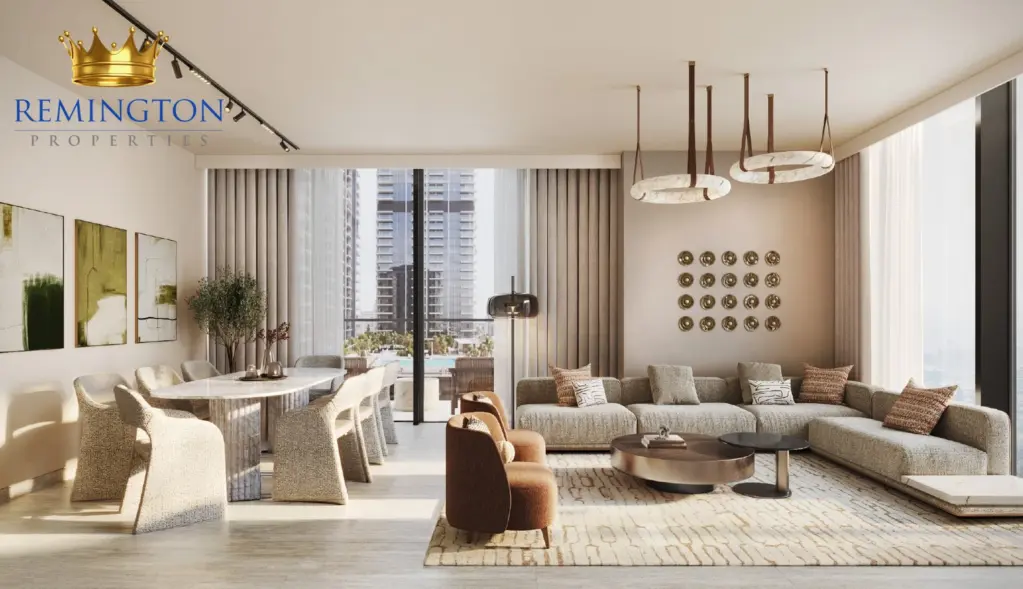 Bright apartment lounge with expansive glazing