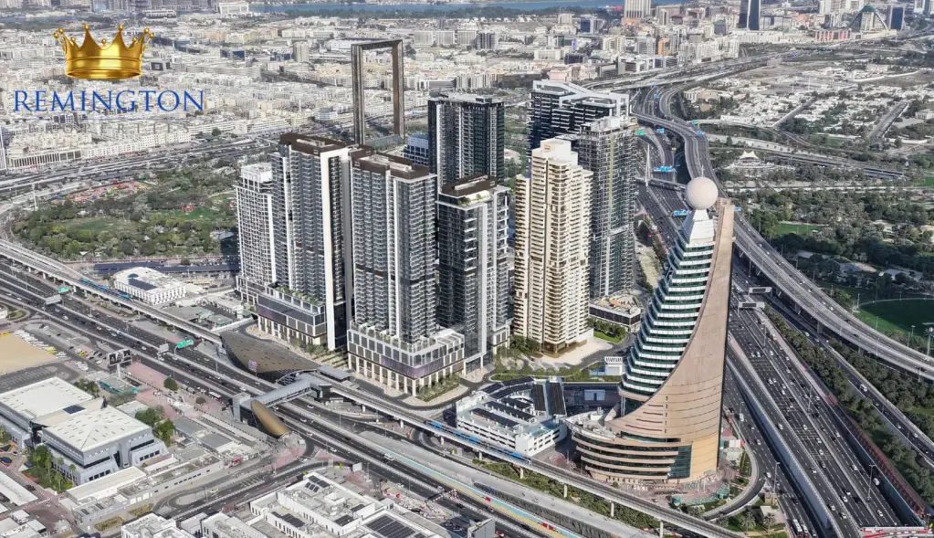 Aerial view of Wasl 1 beside Zabeel Park and central Dubai