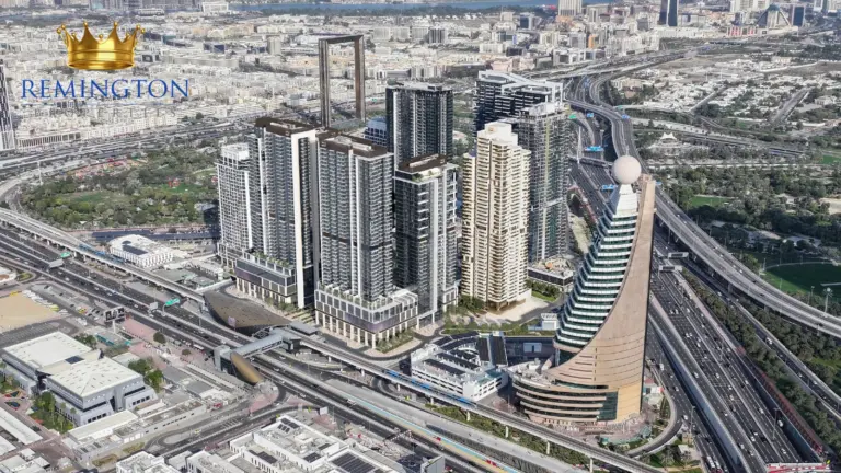 Aerial view of Wasl 1 beside Zabeel Park and central Dubai