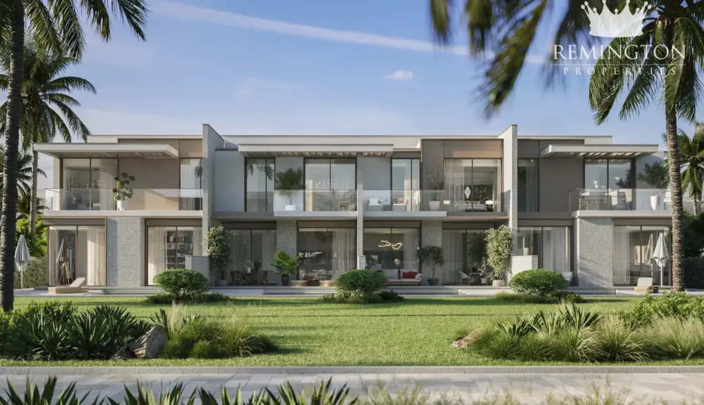 Illustrative modern villa facing a landscaped garden