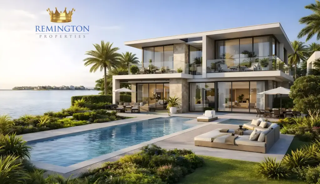 Illustrative contemporary villa with a pool beside the water at Dubai Islands
