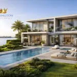 Illustrative contemporary villa with a pool beside the water at Dubai Islands