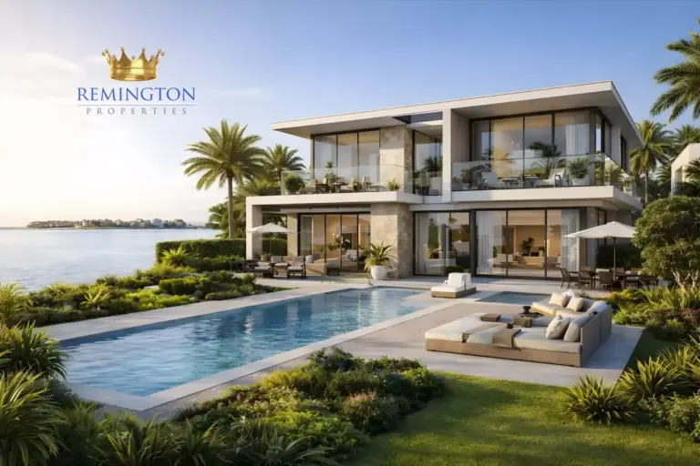 Illustrative contemporary villa with a pool beside the water at Dubai Islands