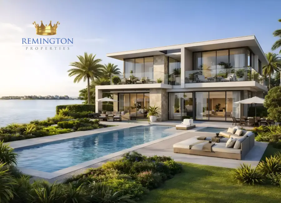 Illustrative contemporary villa with a pool beside the water at Dubai Islands
