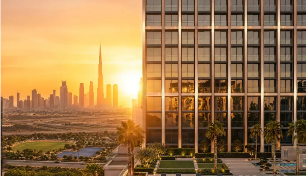 Binghatti Starfall amenity deck overlooking the Downtown Dubai skyline at sunset