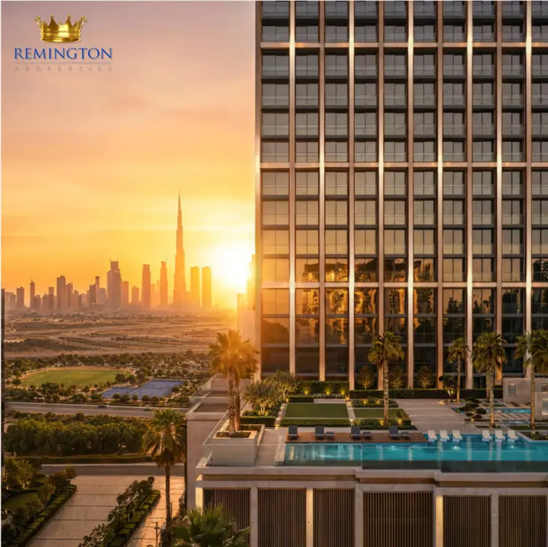 Binghatti Starfall amenity deck overlooking the Downtown Dubai skyline at sunset