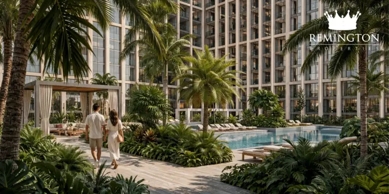 Landscaped swimming pool and relaxation deck at Binghatti Starfall
