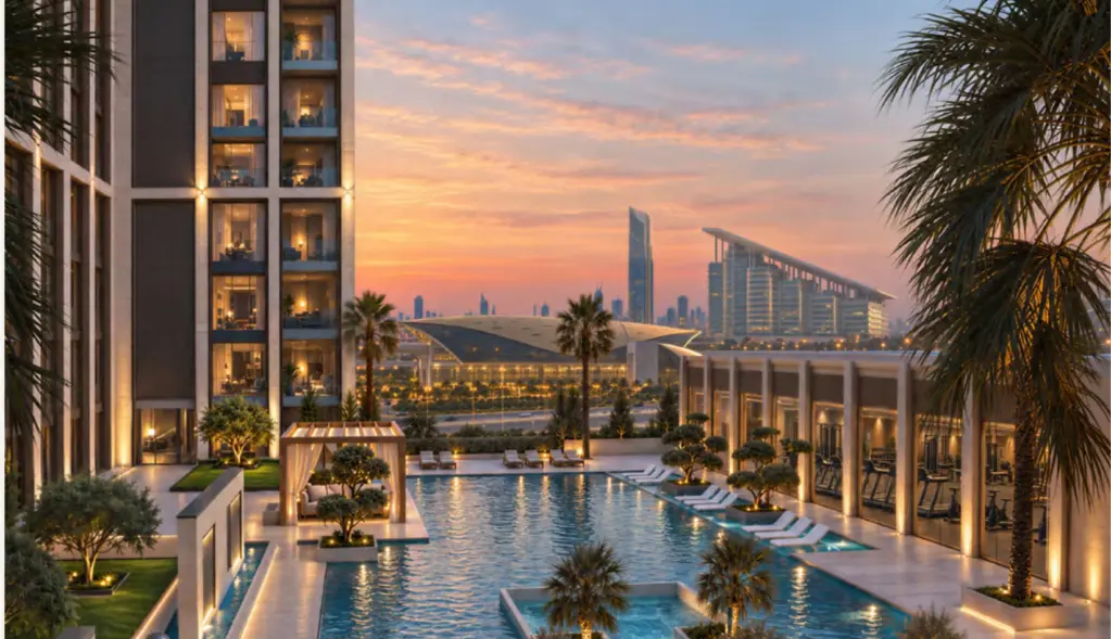 Binghatti Starfall swimming pool and amenity deck at sunset in Al Jaddaf