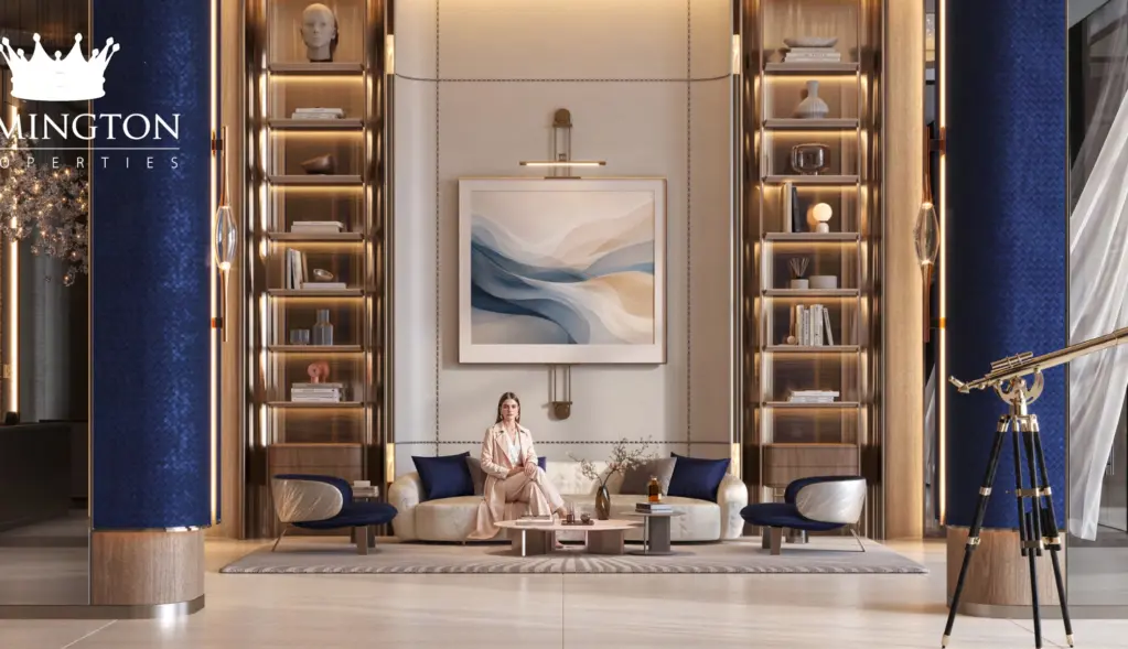 Double-height Binghatti Starfall lobby lounge with telescope and navy interior details