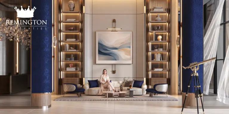 Double-height Binghatti Starfall lobby lounge with telescope and navy interior details