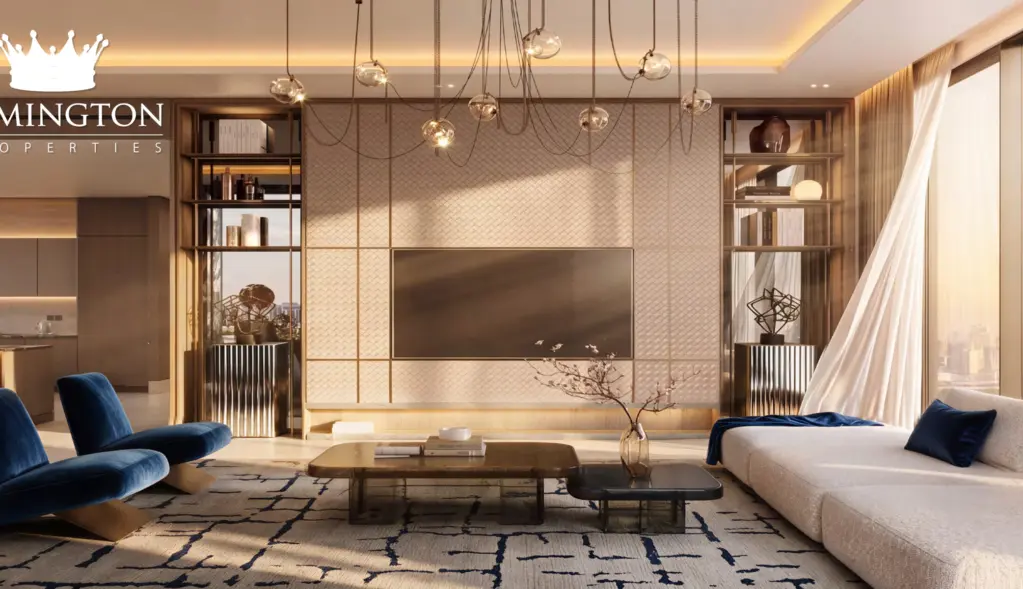 Bright Binghatti Starfall apartment living room with open kitchen and skyline view