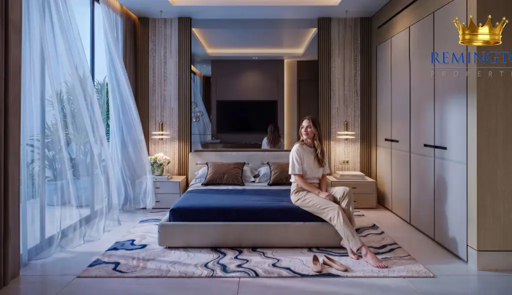 Contemporary bedroom with full-height windows at Binghatti Starfall