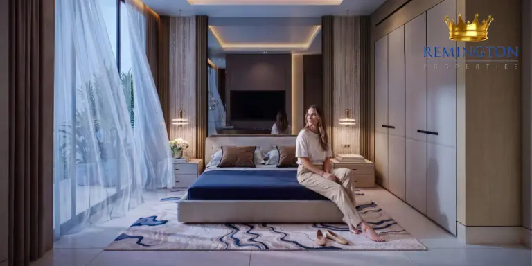 Contemporary bedroom with full-height windows at Binghatti Starfall