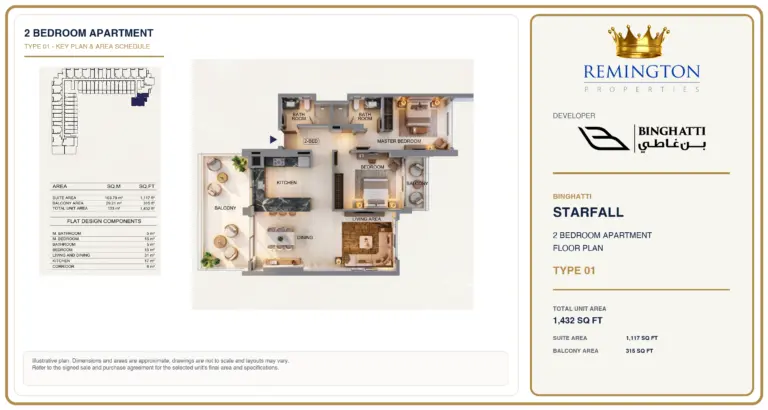 Binghatti Starfall 2 bedroom apartment Type 01 floor plan with 1,432 sq ft total area