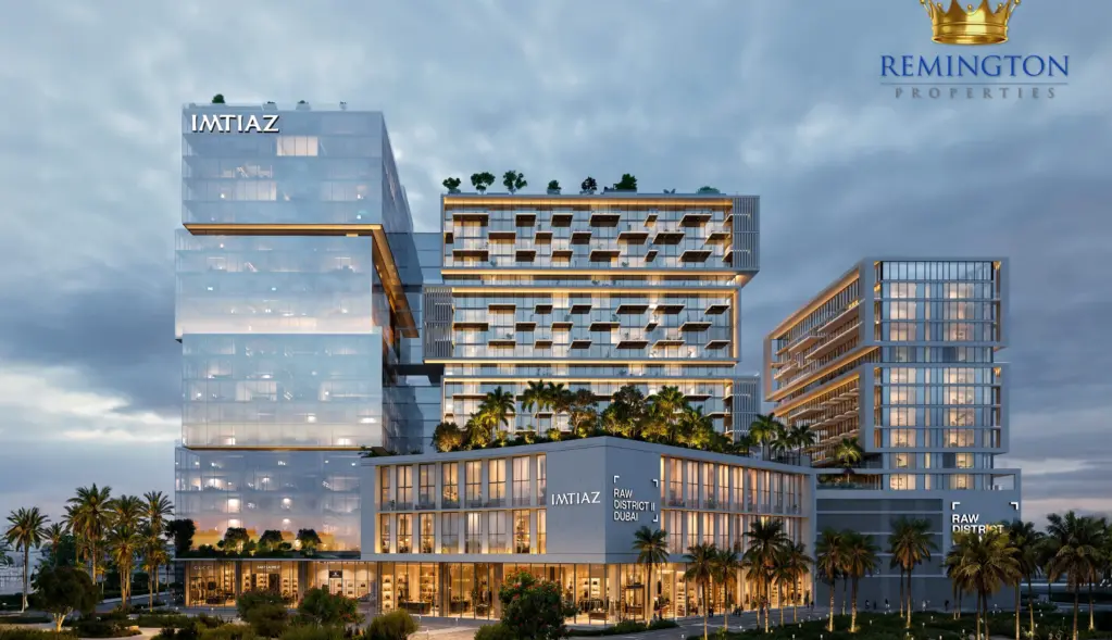 Architectural rendering of the RAW District II exterior and ground-floor retail at dusk