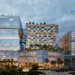 Architectural rendering of the RAW District II exterior and ground-floor retail at dusk