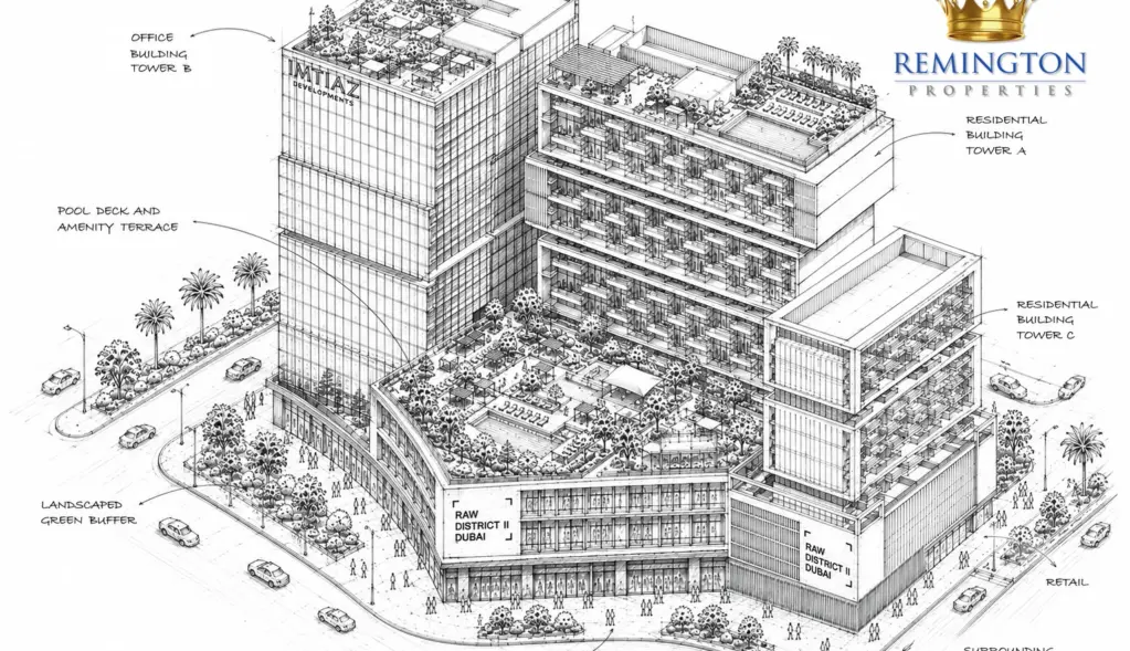 Axonometric illustration of the District Mall building layout