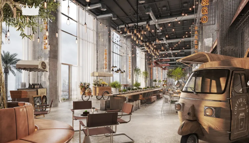 Rendering of a restaurant interior in the retail concept