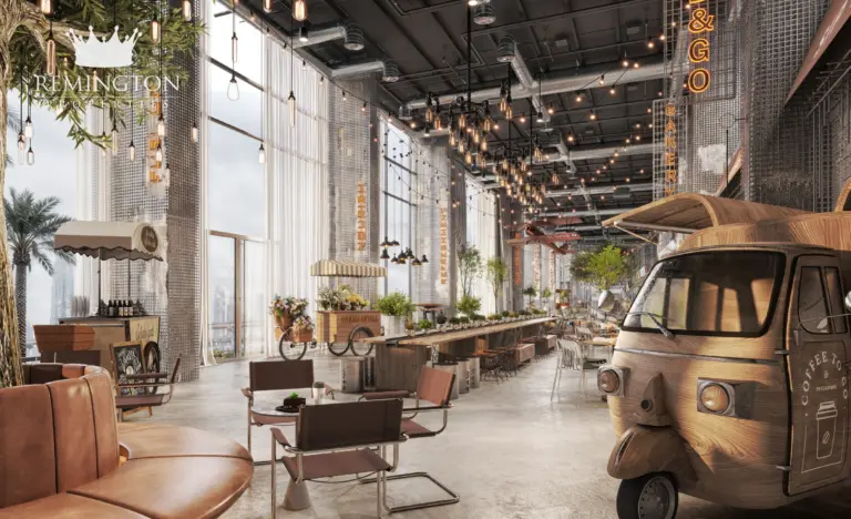 Rendering of a restaurant interior in the retail concept
