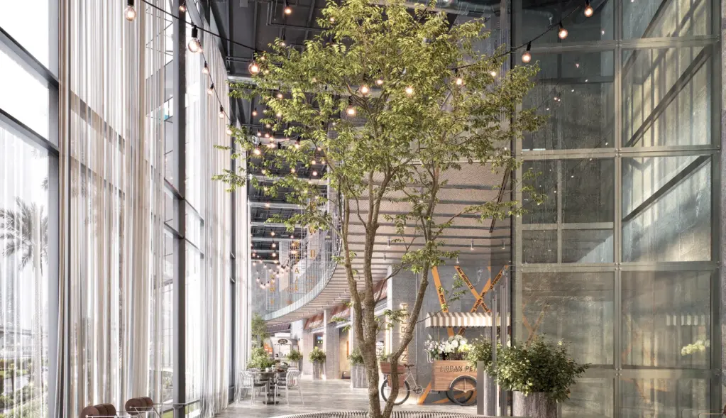 Rendering of the sunlit atrium lounge