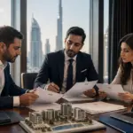 فروشنده، خریدار و مشاور در حال بررسی مدارک فروش ملک در دبی