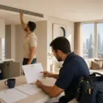 Dubai property owner and technician reviewing a branded maintenance calendar