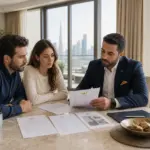 مالک، مستأجر و مشاور ملک در حال بررسی گزارش تعمیرات در دبی